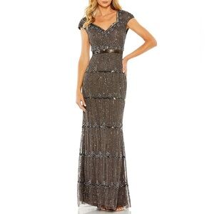 Mac Duggal Sweetheart Neck Cap Sleeve Teired Sequin Column Gown